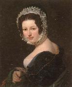 unknow artist Portrait of a young lady,half-length,wearing a black dress,with a green mantle,and a lace bonnet oil painting artist